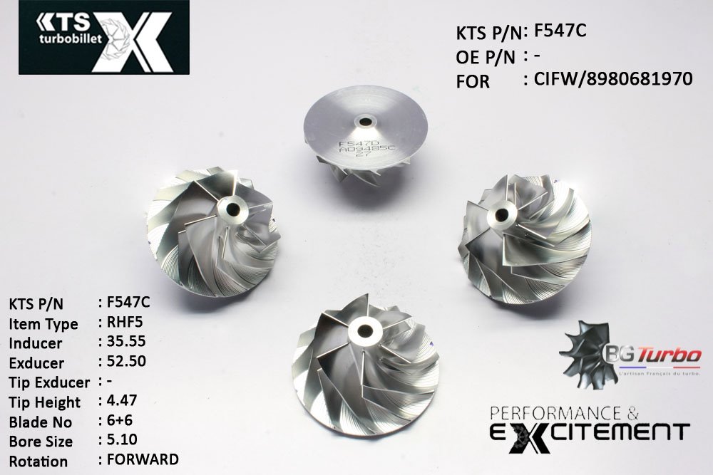 Turbo ROUE FORGÉE MFS PERFORMANCE - 6+6 PALES - INDUCER : 35,55 - EXDUCER : 52,5 - TYPE : RHF5ANGLE : 45° - ROTATION : Forward - SUPER BACK : 1,53 - BORE SIZE : 5,1
